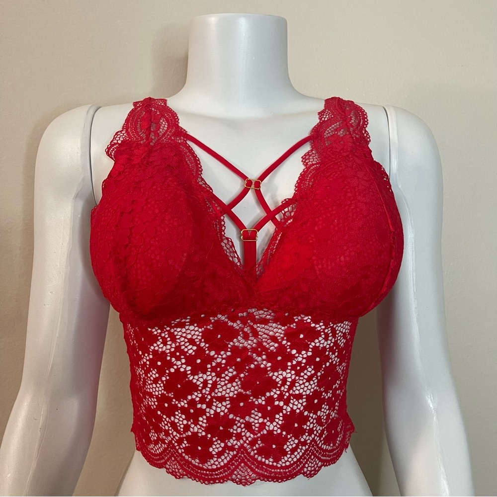 Red lace strappy long line removable pads bralette
